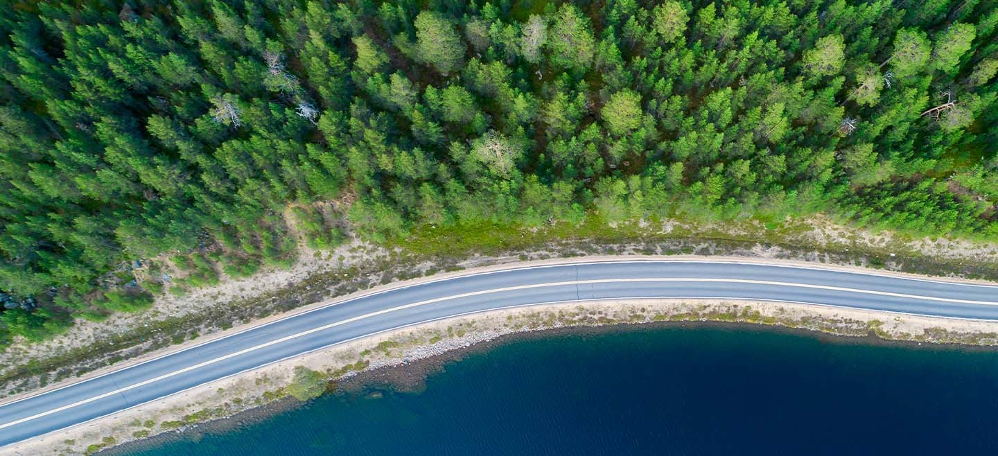 Aerial view of a winding road running alongside a dense green forest on one side and a deep blue body of water on the other.